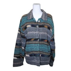 Vintage 90s Southwestern Stripe Blanket Weave Jacket Silver Buttons Womens L